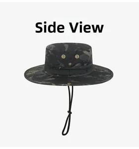 Side view of dark camouflage tactical boonie hat with metal eyelets and adjustable cord