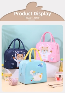 Three portable insulated lunch bags in blue and pink with cute cartoon bear and swan patterns