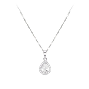 Double-layered water drop zircon pendant necklace with silver chain on white background