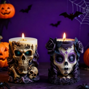 Halloween skull candle silicone molds featuring realistic and Mexican sugar skull designs
