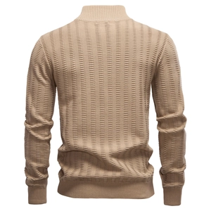 Detailed back view of khaki men's half-zip knit sweater showing vertical stripe texture