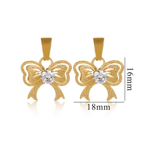 Macro view of golden bow earrings with clear crystals and 16mm by 18mm dimensions