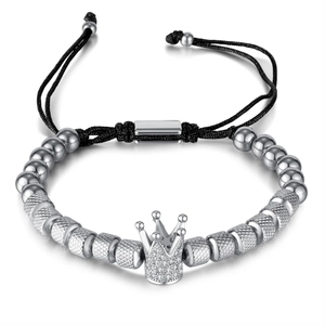Men's retro stainless steel bead bracelet with zircon crown charm and adjustable cord