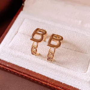 Vintage C-Shaped Earrings With Letter B Brown Enamel Gold Plated Brass Chain Design And 925 Sterling Silver Earring Post