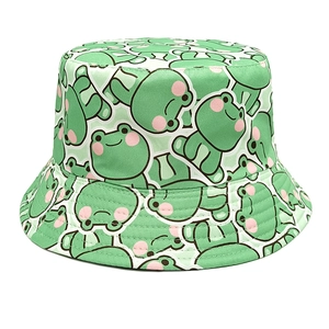 Cute green frog pattern bucket hat made of twill cotton fabric for women summer shade