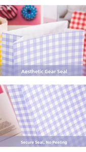 Aesthetic serrated seal of purple checkered paper gift bag with a firm and secure closure