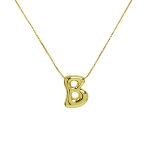 Macro detail of high-polished 18k gold bubble letter B pendant on fine box chain