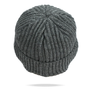 Deep grey winter knit beanie with thick ribbed texture and wide folded cuff for warm protection