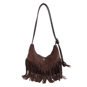Sac à bandoulière bohème marron en faux daim avec de longues franges et fermeture éclair