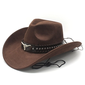 Brown faux suede western cowboy hat with metal bull head stud and adjustable chin strap