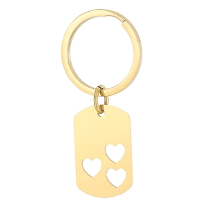 Polished gold stainless steel rectangle keychain pendant with hollow heart cutout design