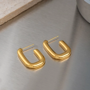Minimalist 18K gold plated U-shaped rectangular hoop earrings with polished metal finish