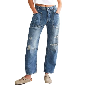 Vintage dames jeans met wijde pijpen, grote zakken en distressed details losse fit