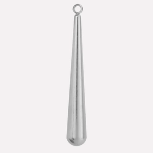 Macro view of polished silver water drop pendant with smooth mirror-like surface finish