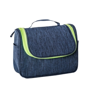 Large navy blue travel toiletry bag with fluorescent yellow zipper and carrying handle