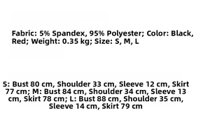 Size chart showing fabric info and measurements for ruffled tiered dress in black and red