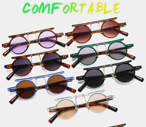 Collection of seven colorful steampunk round sunglasses with double-bridge metal frames