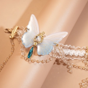 Blue gradient resin butterfly leg ring with lace ribbons and crystal beaded chains