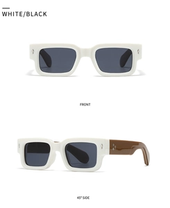 Detail view showing white rectangle sunglasses with metal rivets and brown temples