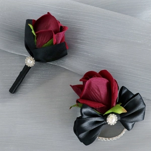 Artificial Burgundy Rose Boutonniere And Wrist Corsage Wedding Accessory With Velvet Petals Faux Artificial Pearl Rhinestone Formal Party Decor
