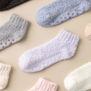 Thick warm coral fleece floor socks with non-slip silicone grips in multiple colors