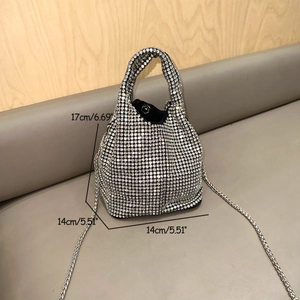 Silver rhinestone bucket bag dimensions shown as 17cm height and 14cm width detail