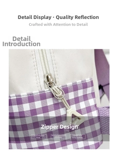 Detail view of the purple plaid fabric stitching and smooth silver zipper on kids backpack