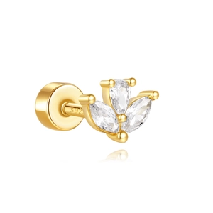 Macro view of gold S925 silver stud earring with three leaf shaped clear zircons