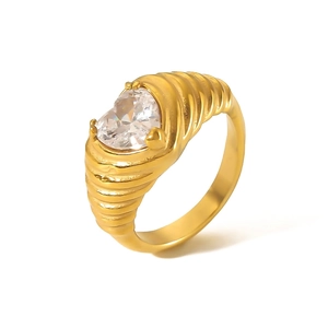 Detail view of 18k gold plated ring with 11mm heart-shaped zircon and ribbed texture