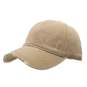 Distressed light khaki washed cotton baseball cap with vintage frayed holes and 6-panel design