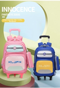 Detail of detachable rolling backpack with multi-pocket storage and reflective safety strips