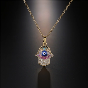 Hamsa Hand Evil Eye Pendant Necklace 18K Gold Plated Copper With Colorful Cubic Zirconia Amulet Jewelry For Women