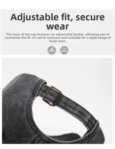 Detail of adjustable metal buckle and vintage washed cotton strap on the grey baseball cap