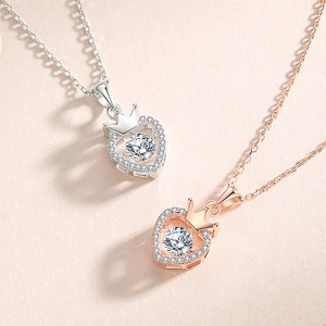 Elegant heart crown pendant necklaces in silver and rose gold with sparkling stones