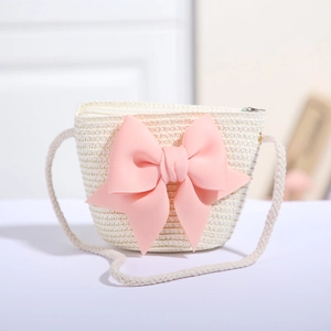 Mini-Handtasche aus Stroh für Kinder mit rosa Schleife und Seilschultergurt