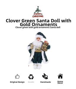 Detail of green velvet Santa Claus figurine with golden star wand and patterned gift bag