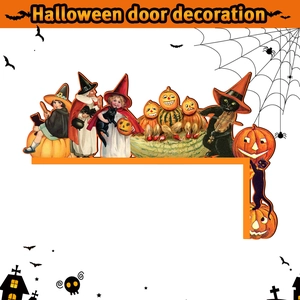 Detail of vintage Halloween door corner decor featuring retro witch, pumpkin and black cat