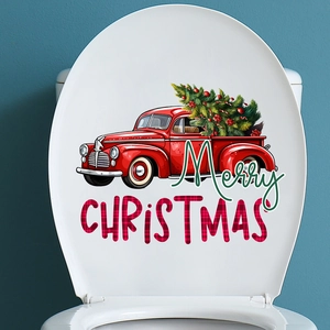 Detailed view of Merry Christmas toilet lid sticker featuring a vintage red truck and tree