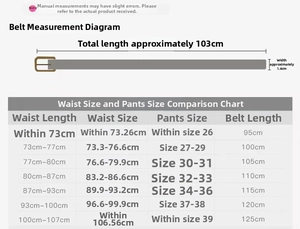 Size chart showing width 1.4cm and length 103cm with waist measurements for women belt