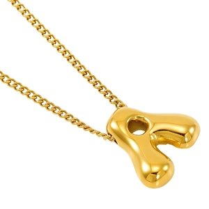Golden 3D bubble initial A pendant necklace with polished metal link chain for women