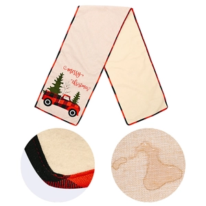 Waterproof Christmas table runner with red truck and tree pattern on faux linen fabric