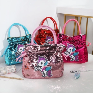 Kids' sequin unicorn handbags in pink, rose, blue, and red with embroidery detail