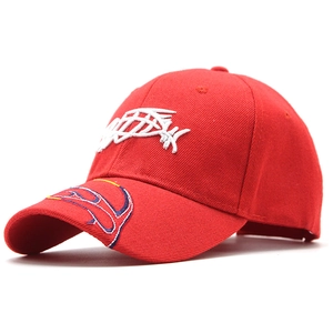 Red cotton baseball cap with 3D white fishbone embroidery and colorful brim accents