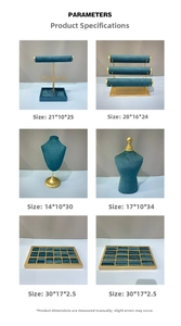 Tableau des tailles pour présentoirs à bijoux incluant bustes et plateaux velours