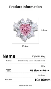 Detail view of 925 silver ring with 10mm pink heart zircon and surrounding marquise diamonds
