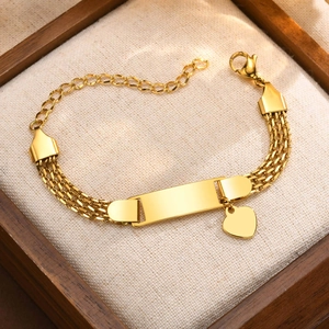 Polished gold stainless steel mesh bracelet with engravable blank plate and heart charm