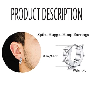 Silver stainless steel punk spike huggie hoop earrings with 1.4cm diameter for men