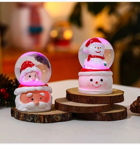 Glow crystal balls with Santa and Snowman figures on wooden bases for Xmas gifts