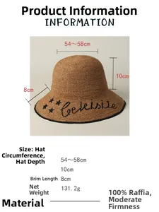 Size chart for raffia sun hat showing 54-58cm circumference and star embroidery detail