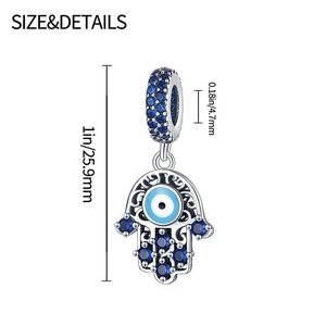 Detailed size chart of Hamsa Hand and Evil Eye pendant with 25.9mm length measurements